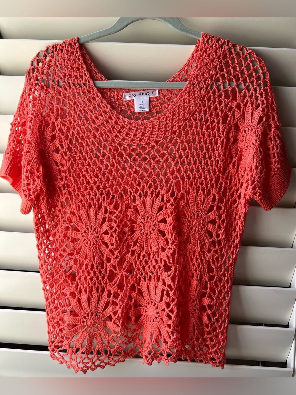 Say What? Small Coral Crochet Short-Sleeve Tunic Top